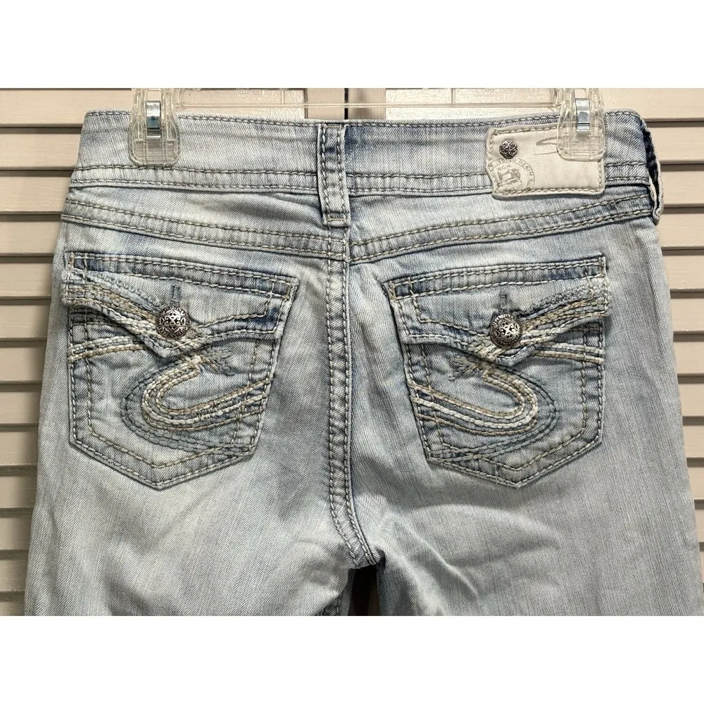 Silver Jeans Suki Surplus Low Rise Boot Light Wash Stitching Sz 26x32 Embroidery - Image 6