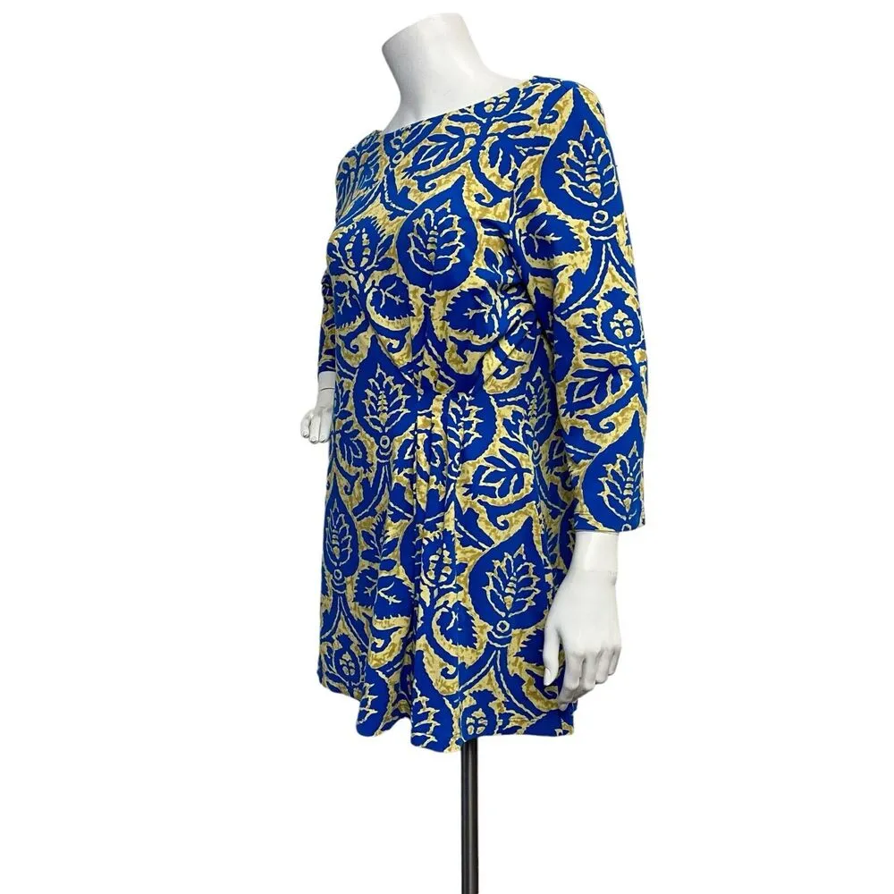 J McLaughlin Women's Large Blue Gold Tunic Dress Floral Boat Neck Stretch Boho - Image 4