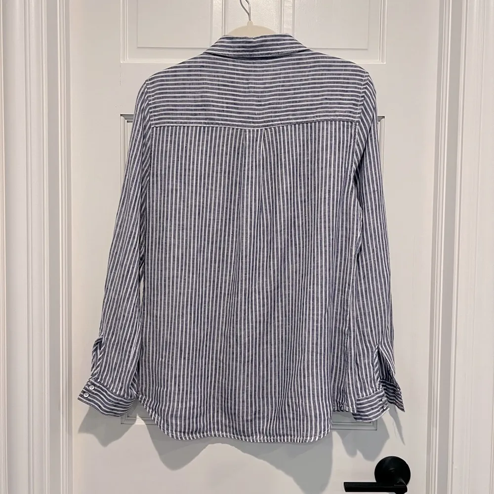 Sigrid Olsen Linen Stripe Long Sleeve Button Down Navy Blue White Roll Tab Small - Image 4