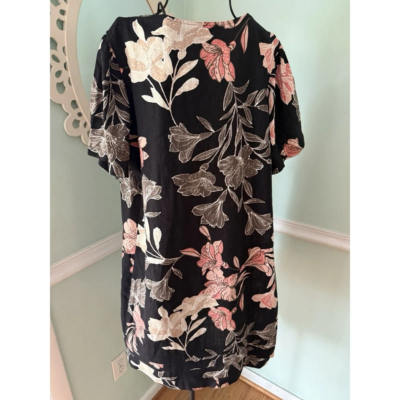 Nicole Miller Sz L Linen‎ Floral MuMu Dress S/S Lagenlook Loose Vtg Artsy - Image 2