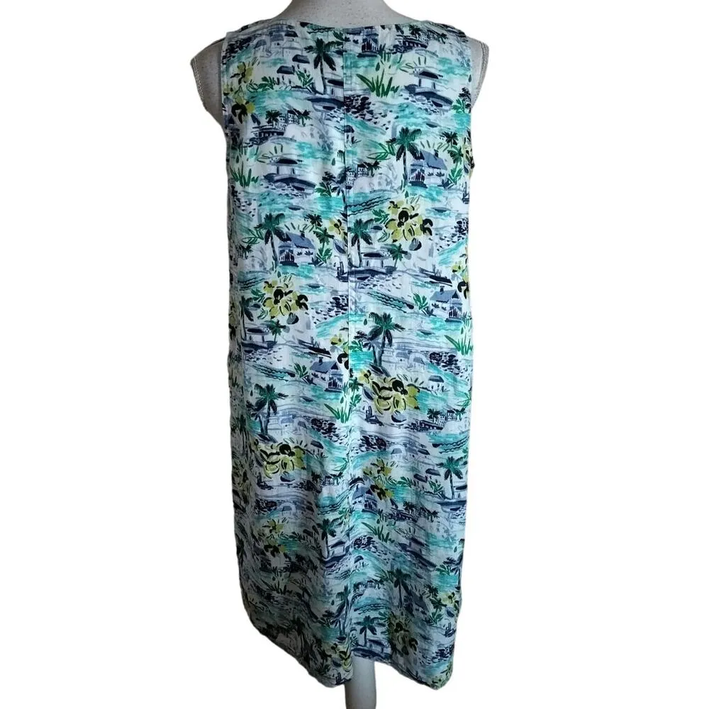 J Jill Love Linen Size XS Tropical Island Beach Print Shift Dress Pockets - Image 2