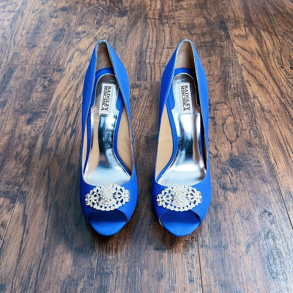 Badgley Mischka • Goodie Peep Toe Pumps satin jeweled Royal Blue Silk crystal - Image 3