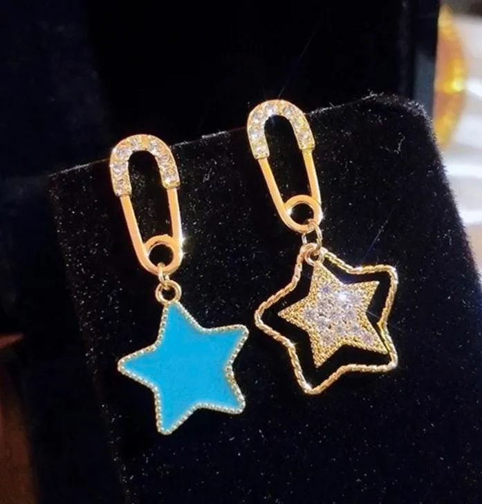 Crystal Stars Safety Pin Stud Drop Dangle Earring Gold - Image 2