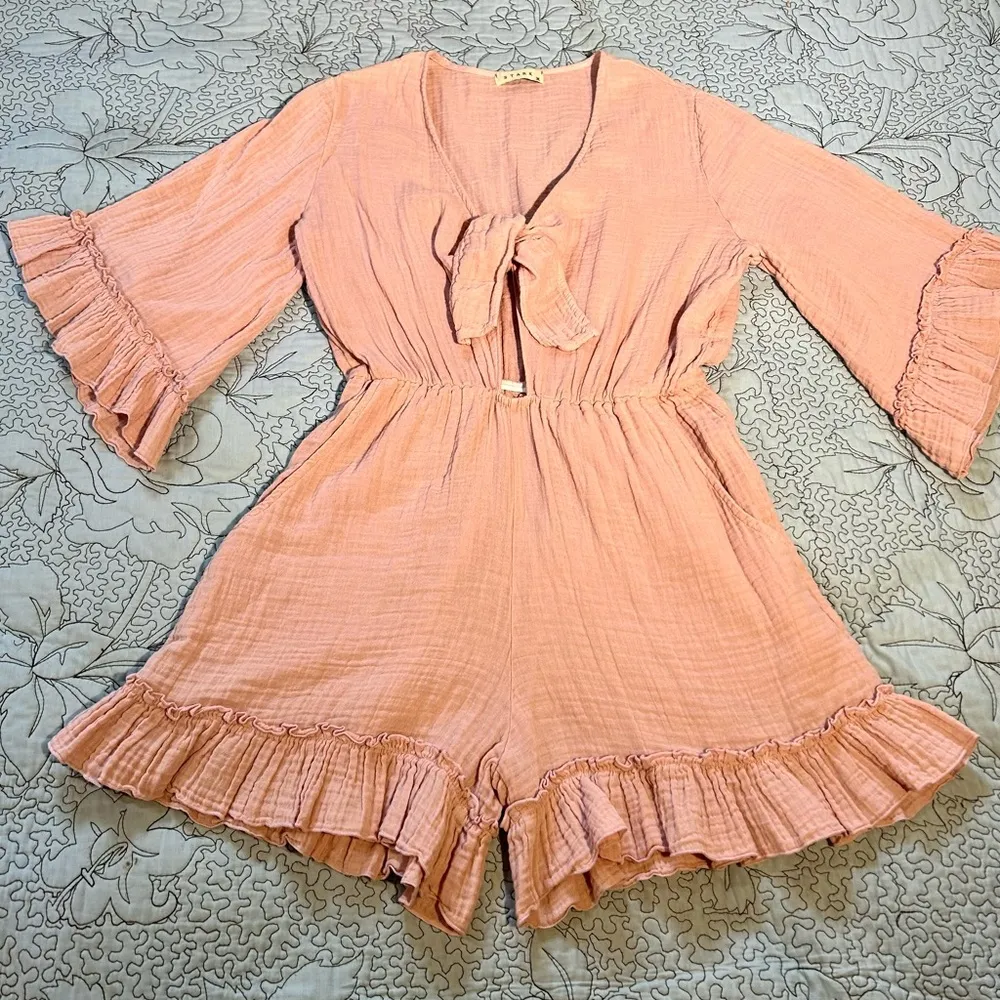 STARK X Hand in Pocket Front Tie Ruffle Cotton Gauze Romper w/ Pockets Sz M Size M - Image 11