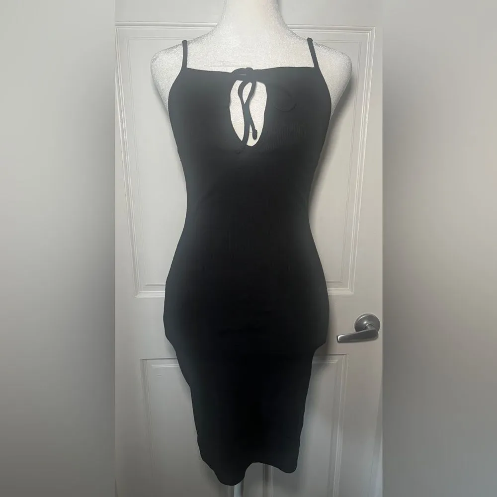 ZARA  Black Cotton Ribbed Fitted Thin Strap Dress with Keyhole Cutout Size S - Image 7