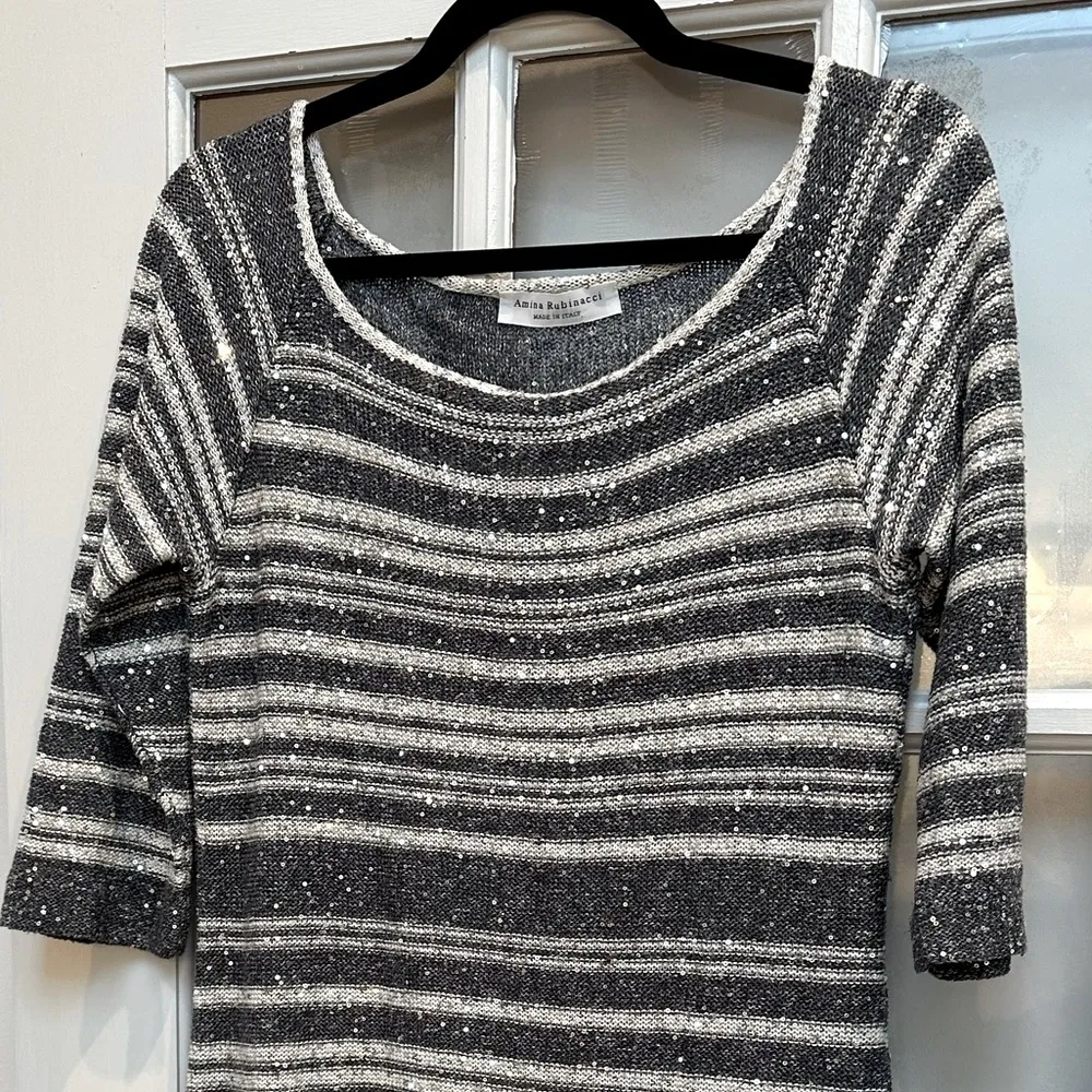 Amina Rubinacci Textured Sequin Grey Linen Blend Knit Sweater Dress Size Medium Gray - Image 3