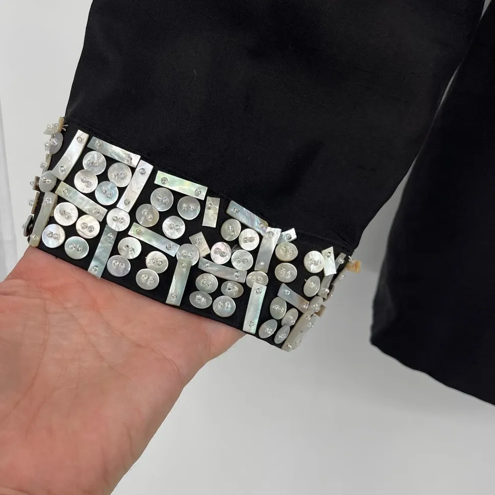 Vtg Bloomingdale’s Silk Button Women’s Jacket Sz 24W Mother of Pearl Art Deco 80 Black - Image 8