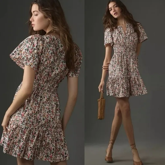 Anthropologie The Somerset Tiered Short Sleeve Mini Dress Colorful Floral XS - Image 2