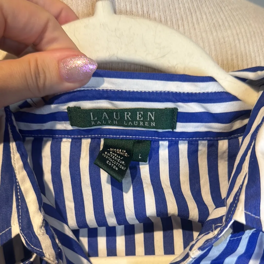Ralph Lauren Blue and White Striped Blouse nautical boat day sz L - Image 2