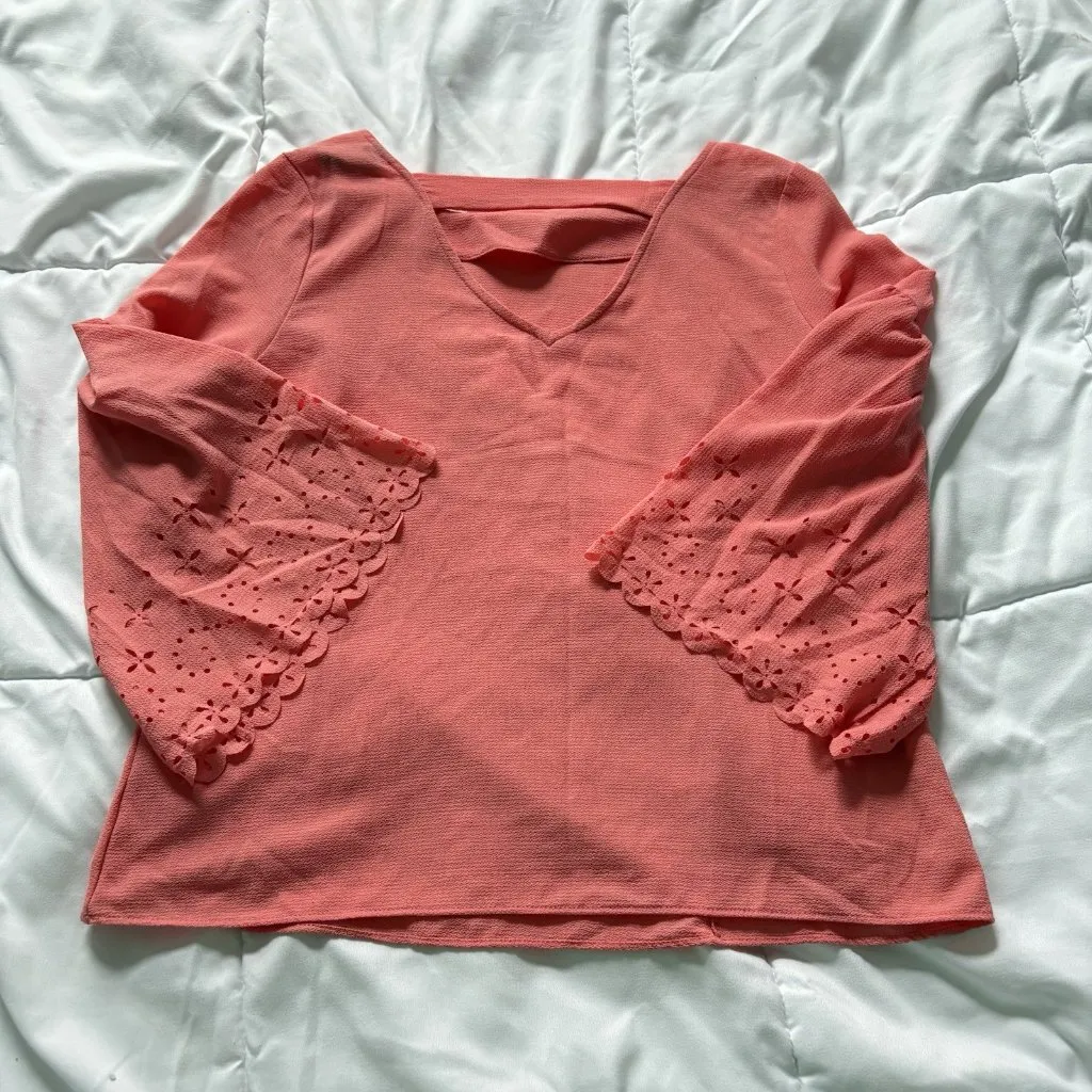 Kay Celine Womens Size Small Blouse 3/4 Wide Sleeve Pink Coral Vintage 90s Y2K - Image 7