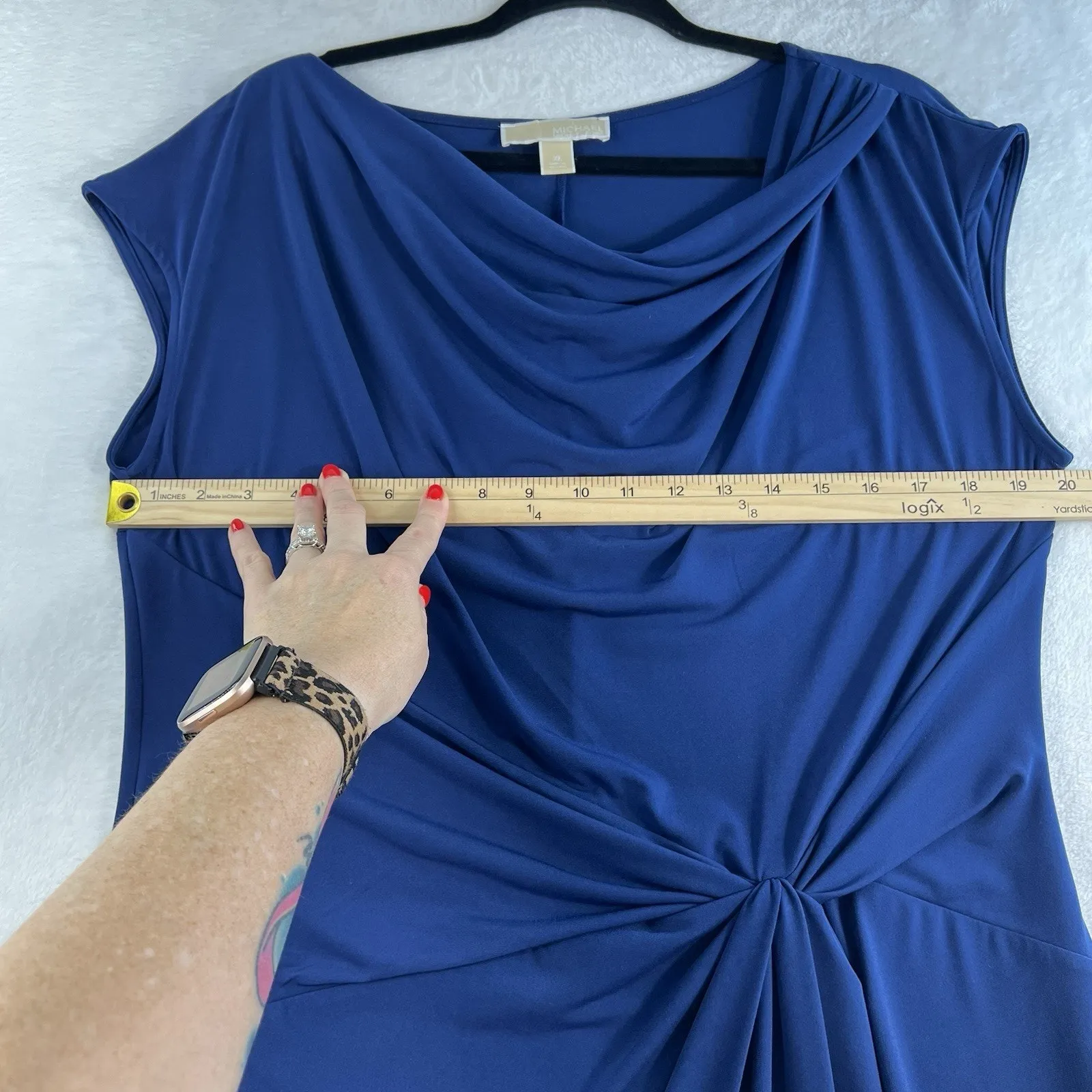 Michael Kors XL Ruched Pencil Dress Draped Flattering Blue Slinky Stretch Womens - Image 11