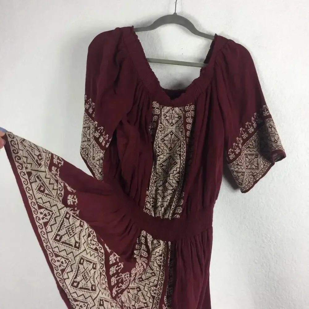Tularosa Fiona Burgundy Off The Shoulder Embroidered Smocked Boho Dress Medium - Image 13