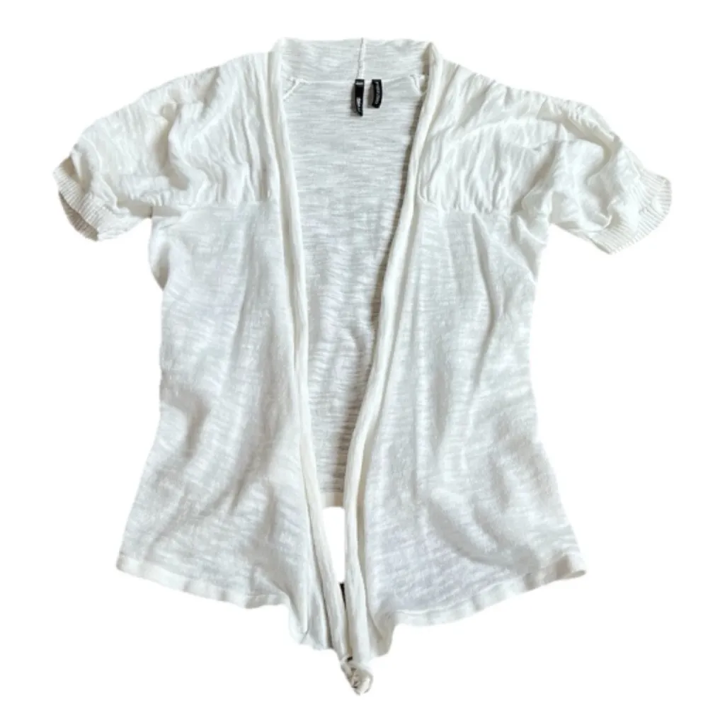 Take Out Short Sleeve Knit Cropped Open Cardigan Sweater Lightweight White Small - Image 2