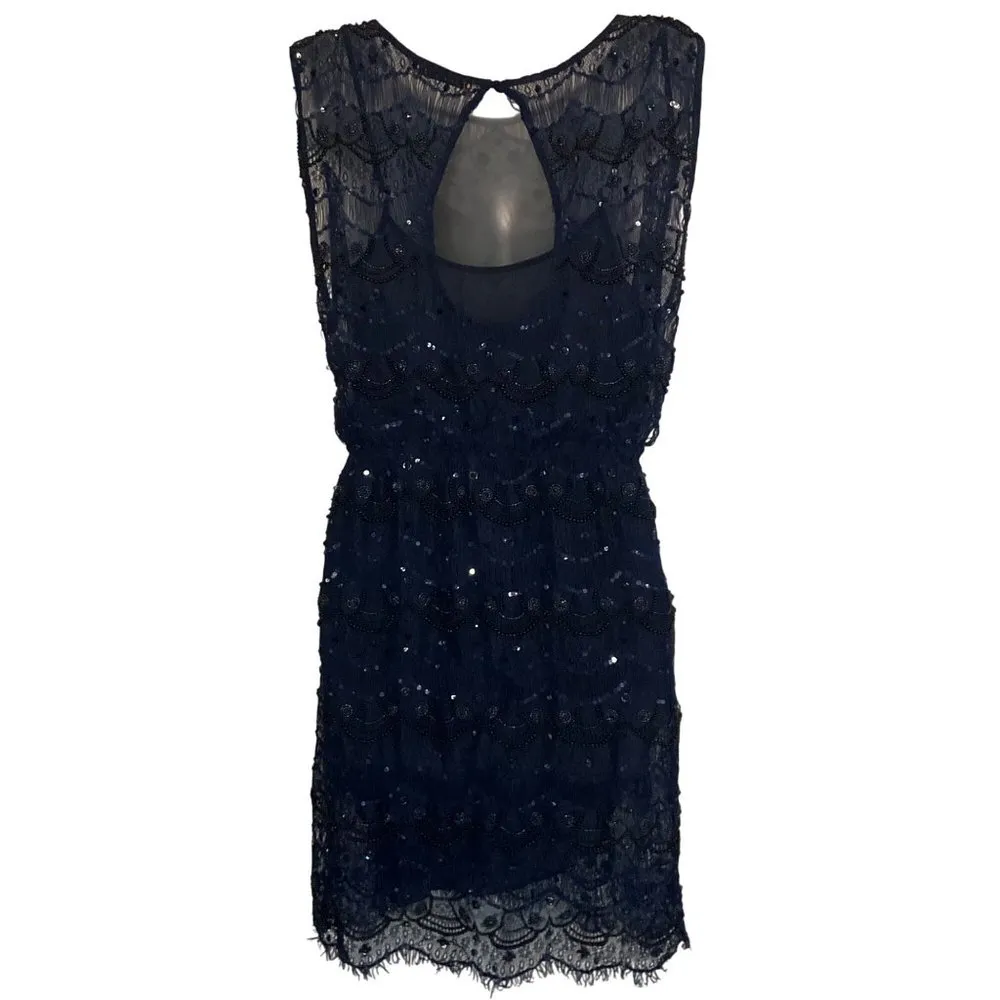 Alice & Olivia  Blue Lace Sequin Bead Sleeveless Mini Dress Keyhole Back XS S - Image 5