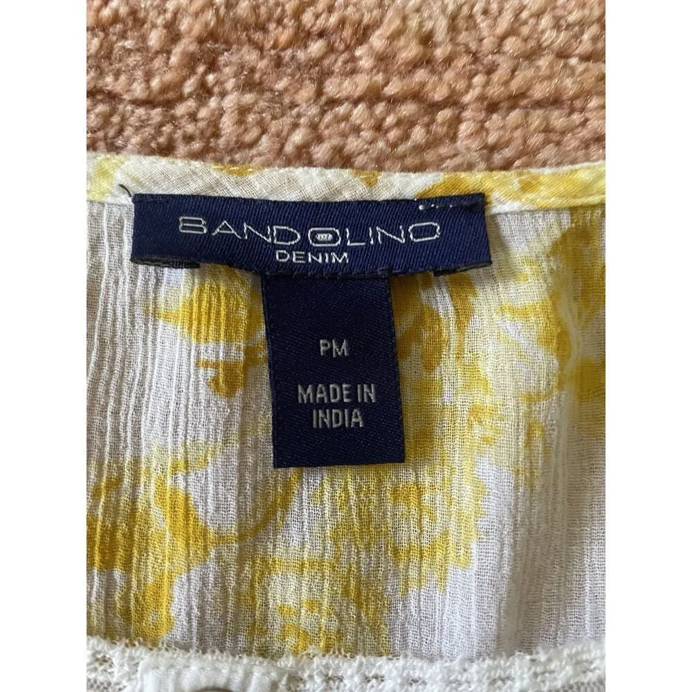 Bandolino Denim blouse PM petite yellow floral boho peasant top crochet trim - Image 2