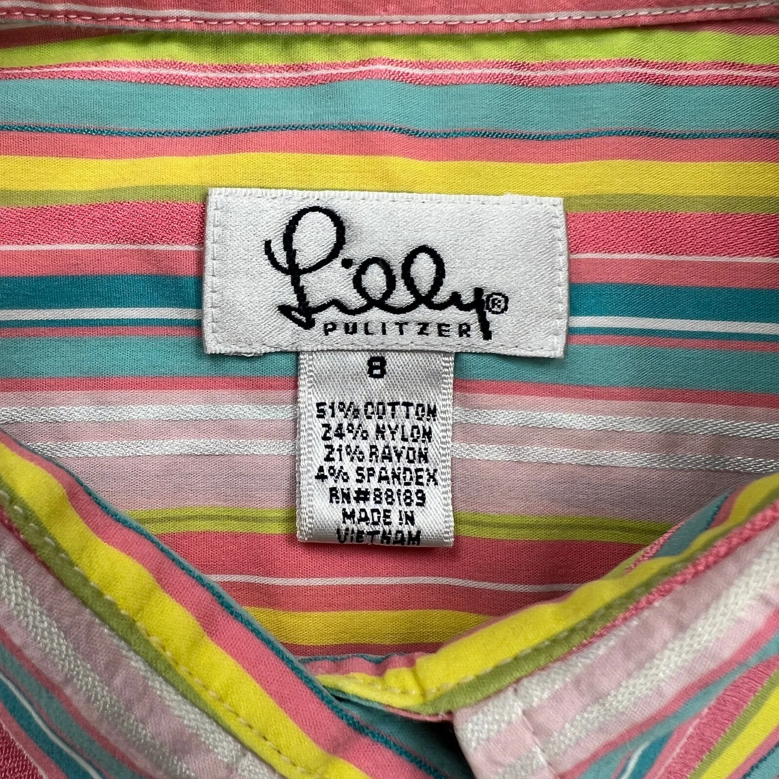 Lilly Pulitzer Multicolor Striped Button Up Shirt Embroidered Logo Size 8 - Image 3