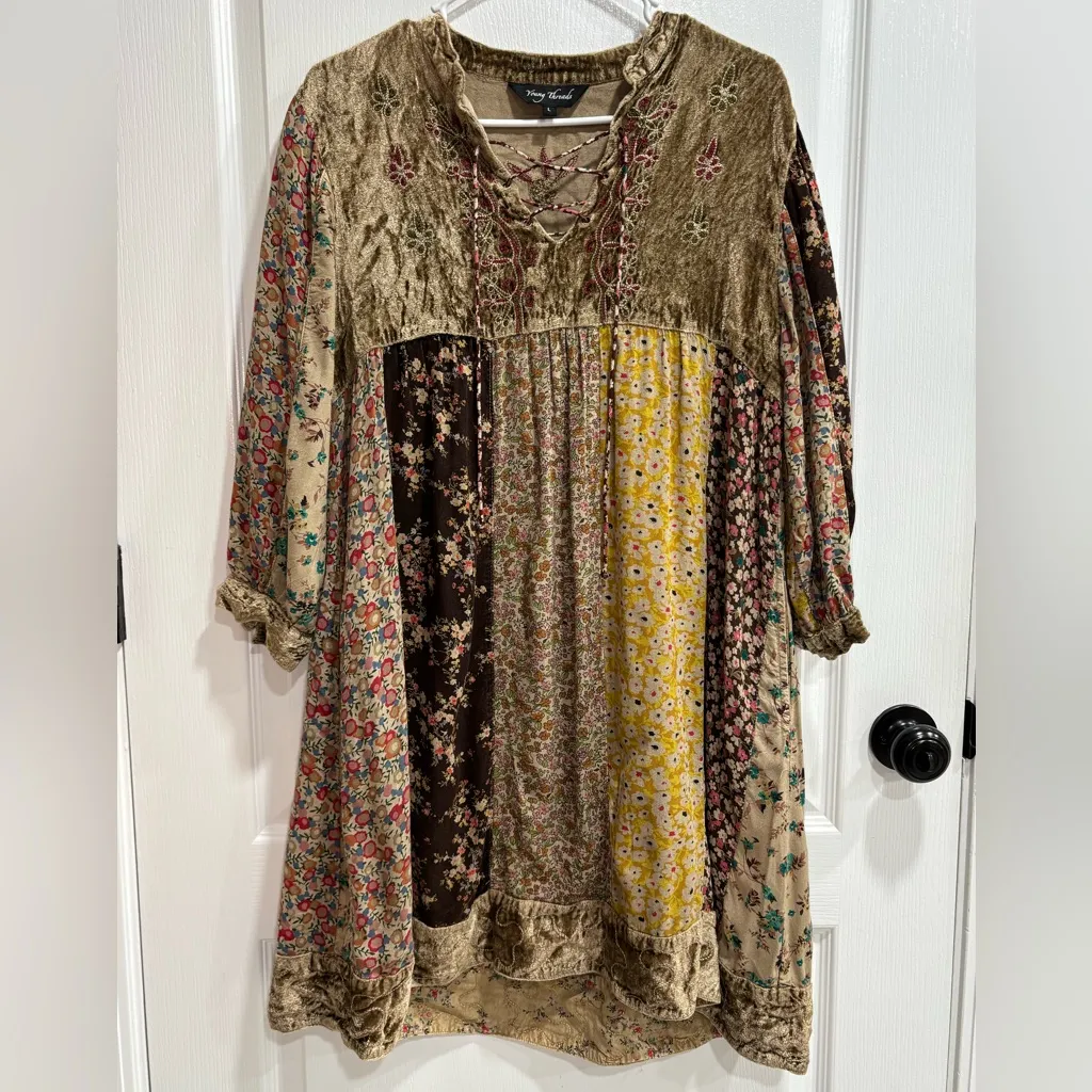 Young Threads Boho Babydoll Dress, Embroidery, Velvet, Women’s Large - Image 3