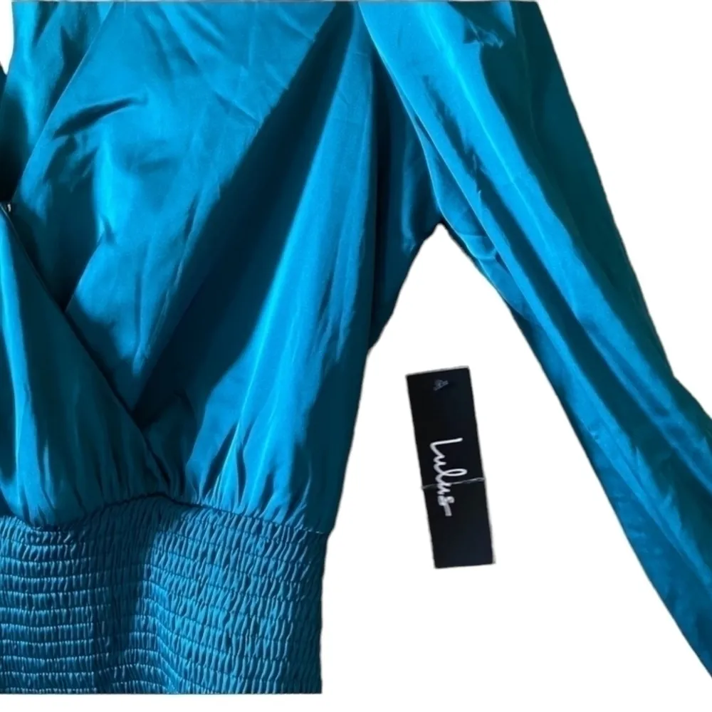 Lulus Jaw-Dropping Beauty Teal Blue Satin Smocked Bodycon Mini Dress Size L - Image 8