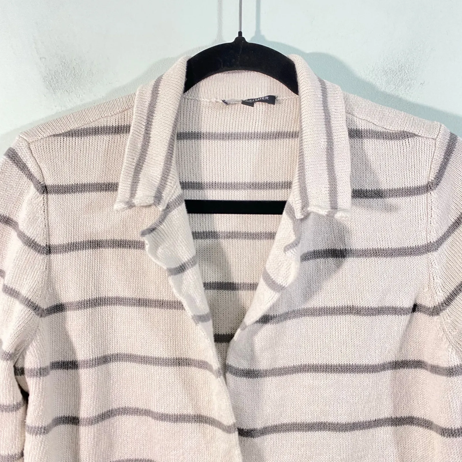 Eileen Fisher White & Grey Striped Cotton V-neck Blazer Style Cardigan Size PM - Image 2