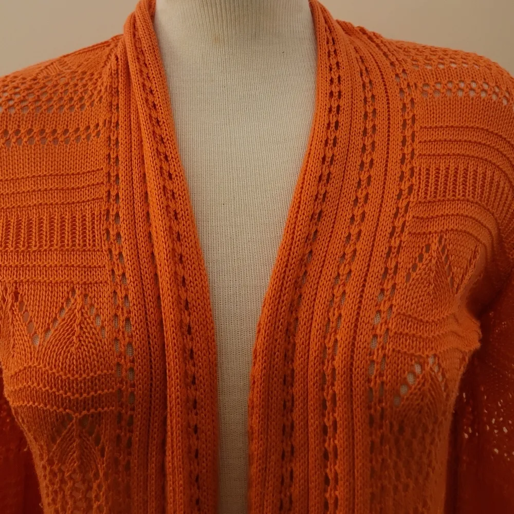 89th And Madison Orange 3/4 Sleeve Crotchet Knit Open Front Cardigan S - Image 3