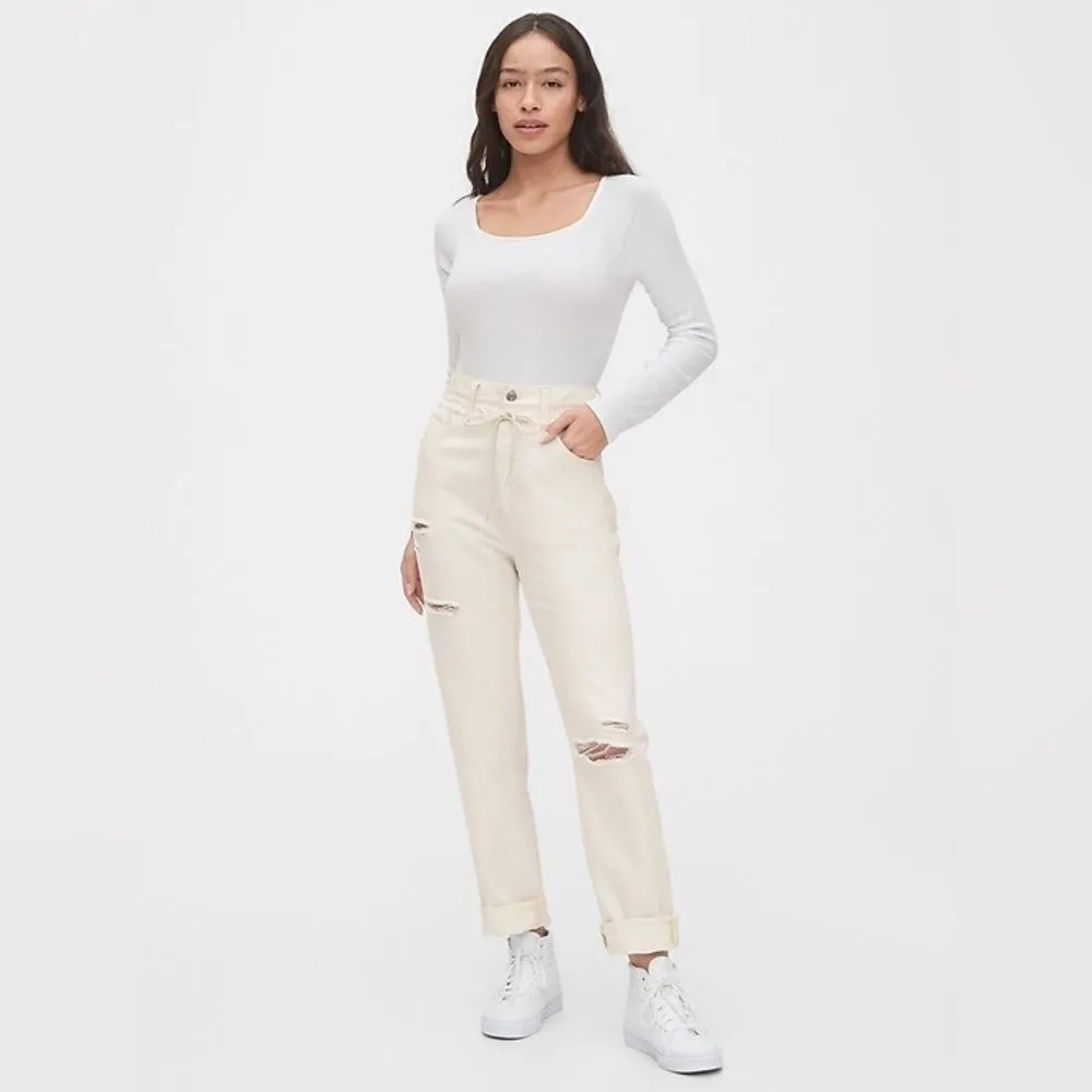 New GAP Off White Boyfriend High Rise Drawcord Distressed Jeans Size 10/30 - Image 4