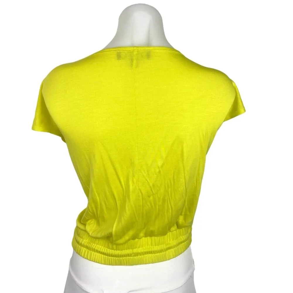 GSTQ Yellow Cap Sleeve Bateau Neck Plain Simple Tie Hem T Shirt Crop Top Size L Size L - Image 2