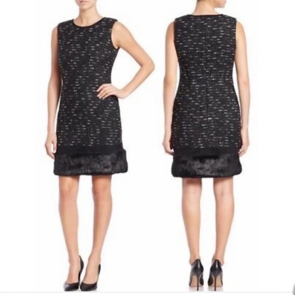 Calvin Klein Black Tweed Shift Dress with Fur Trim 8 Medium - Image 11