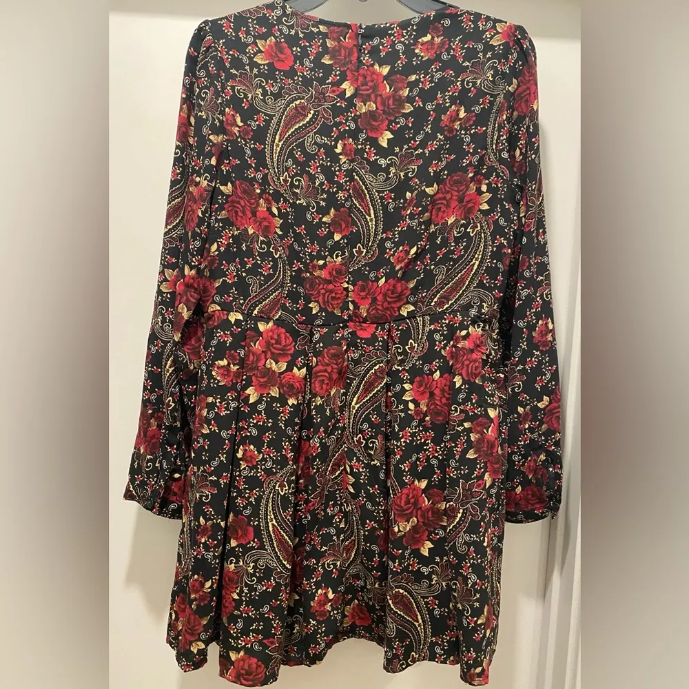Red & Black Boho Floral & Paisley Printed Long-Sleeve Dress - Large - Image 6