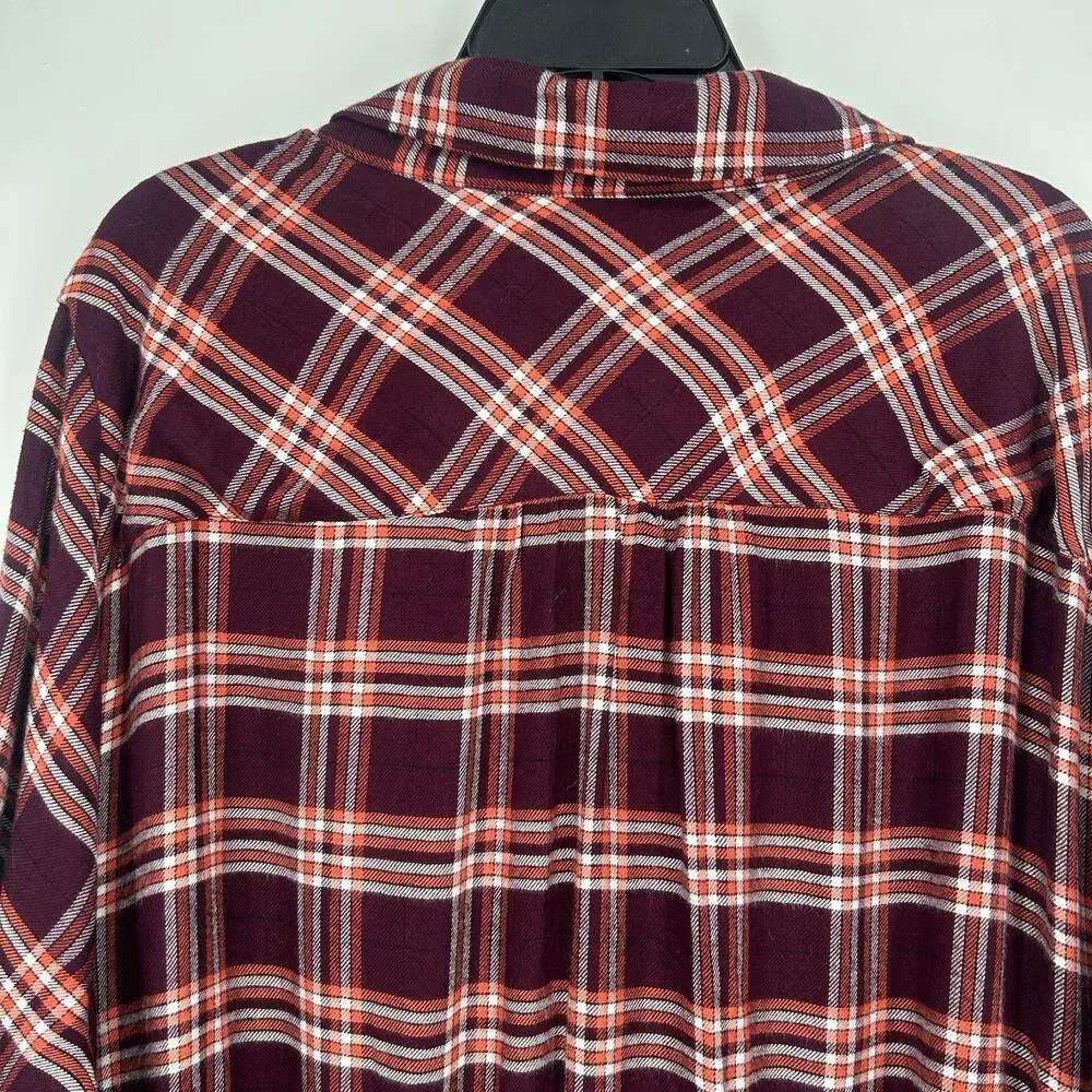 Lane Bryant No Peek Plaid Button Up Shirt Elastic Waist Maroon Size 30/32 - Image 9