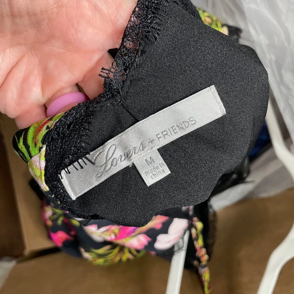 Lovers + Friends Floral Bahia Babydoll Dress Size Medium Lace Trim Black V-back - Image 7