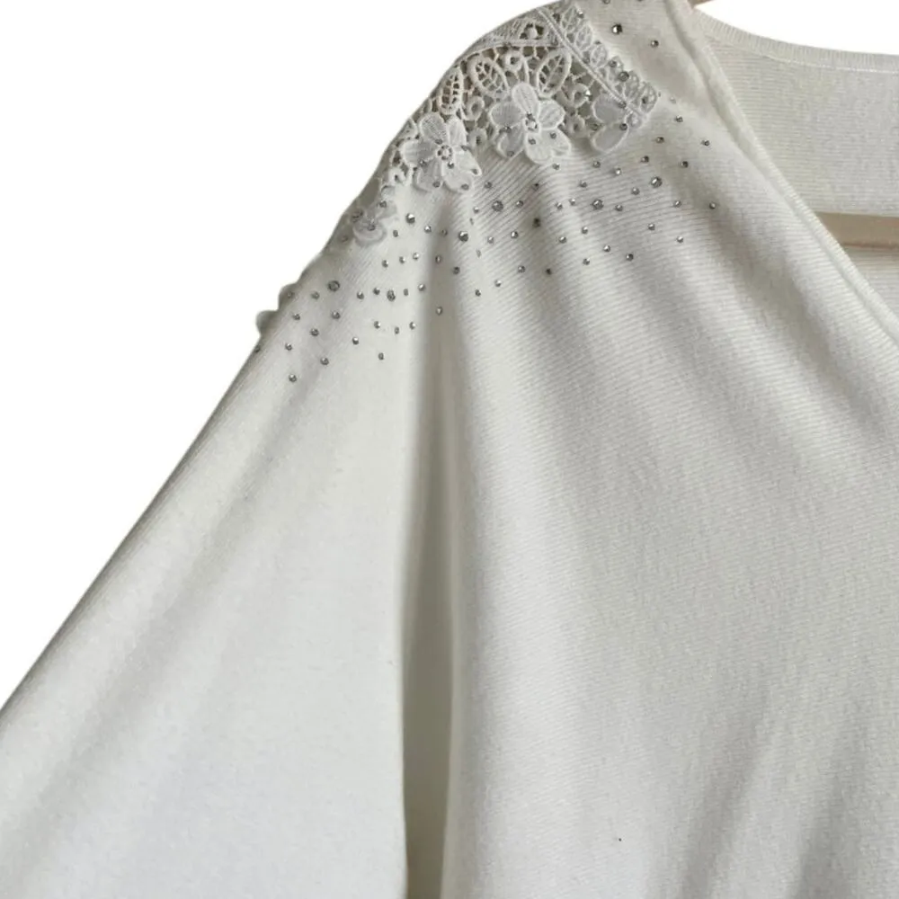 Liv Milano Women Sweater 1X Ivory Crochet Gem Flower Shoulder Cottagecore Whimsy White - Image 8