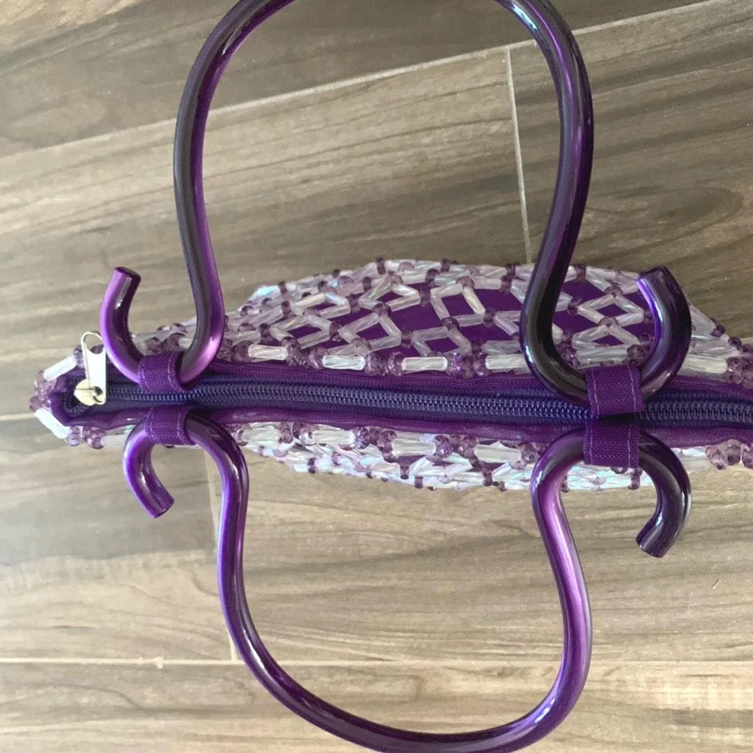 HANDMADE Purple & White Beaded Handbag Purse - Image 2