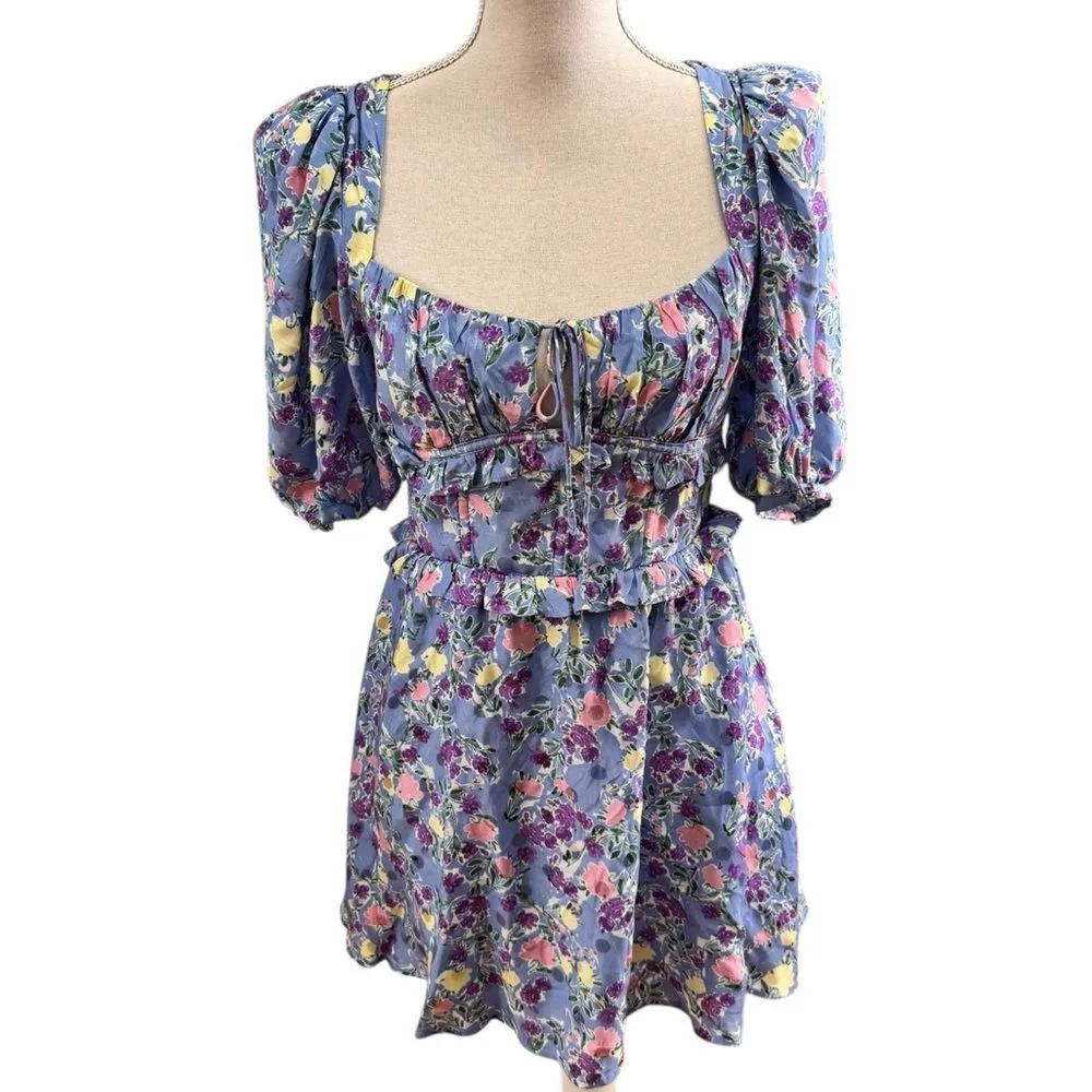 Love & Lemons Charlene Puff Sleeve Mini Dress in blue floral print - Image 2