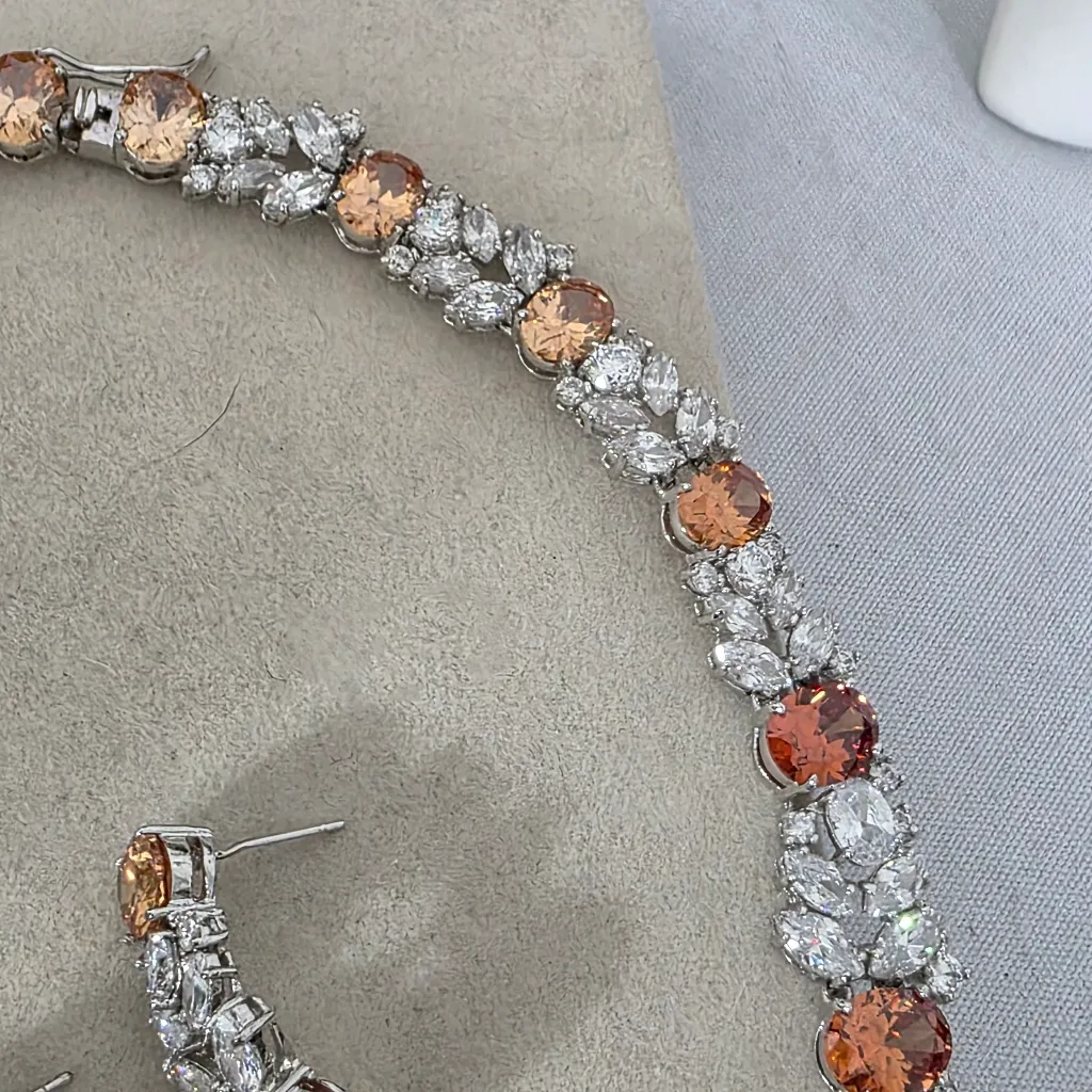 Silver Rhodium with Orange And Clear Zirconia Neckalce and Earrings Set - Image 8