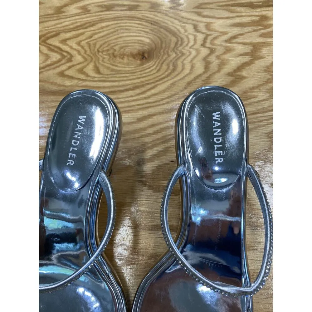 Wandler 90mm Pumps Women's 9.5 Silver Patent Leather Crystal Embellished S63 - Image 4