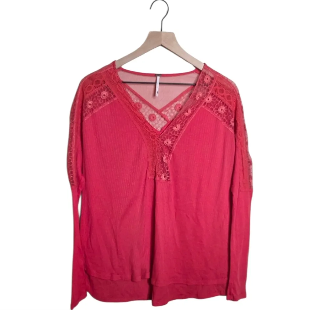 Free People Lola Top Lace Long Sleeve Small Knit Rose Crimson Womens Size Small - Image 2