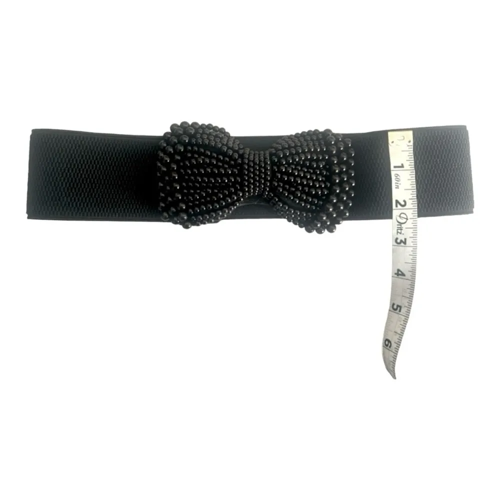 Black Faux Pearl Bowknot Wide Belt Elegant Solid Color Elastic Waistband Classic - Image 8
