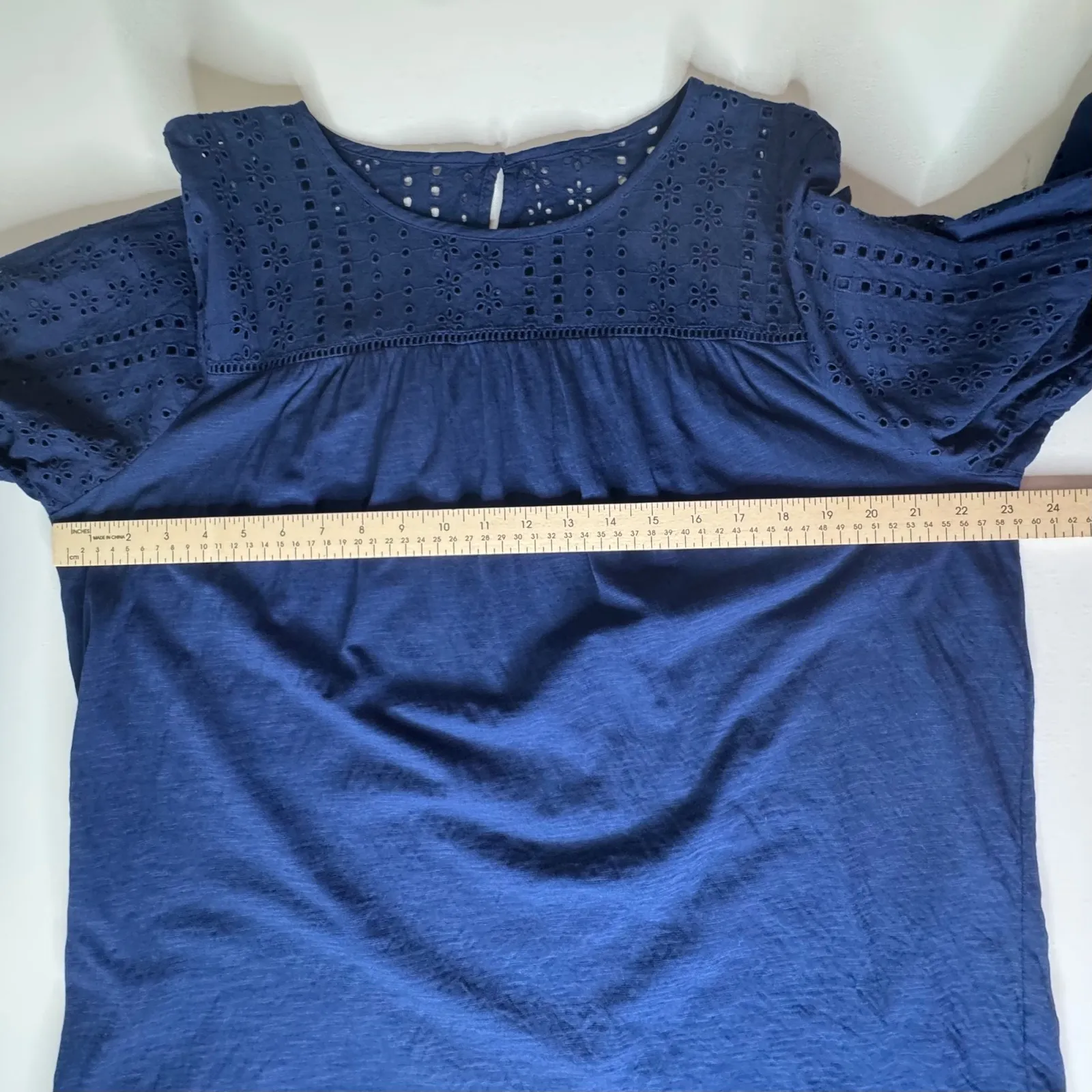 St Johns Bay Eyelet Blouse Size XXL Navy Cotton Boho Neutral Minimalist Peasant - Image 6