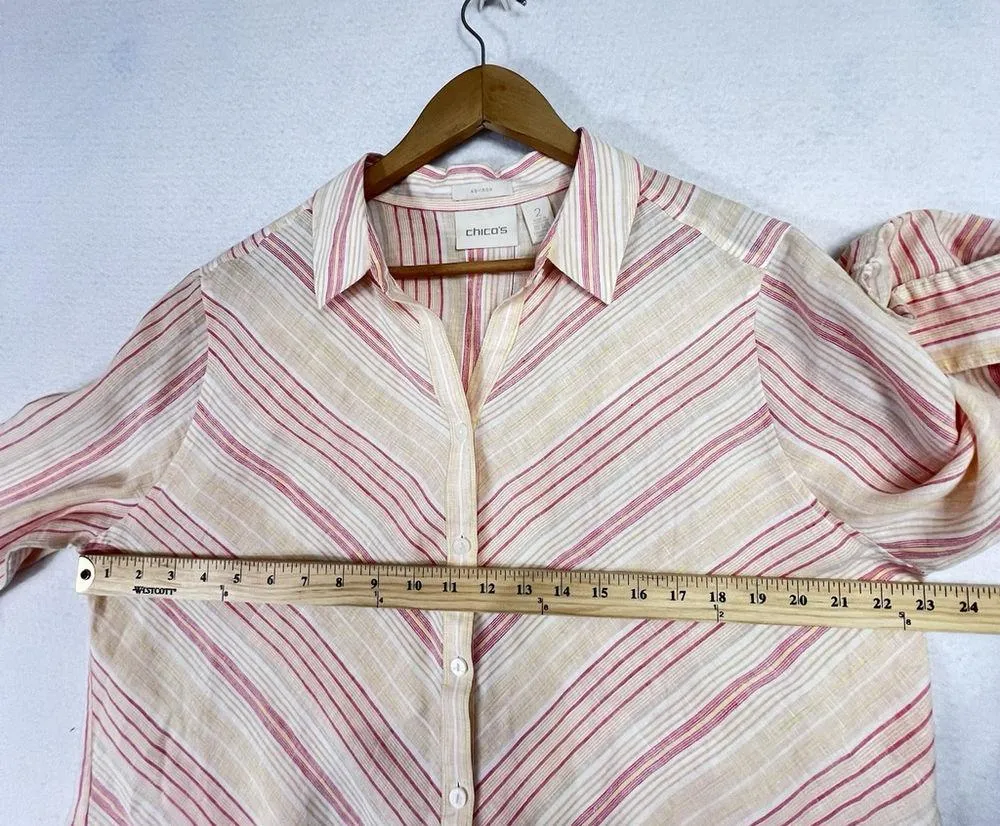 Chicos No Iron Linen Shirts Striped Loop Back Tunic Pink Peach Sz 2 (US 12/L) - Image 12