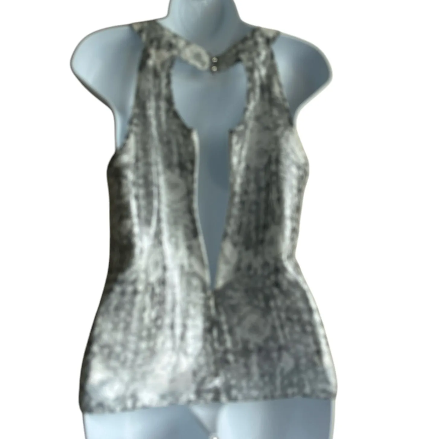 ECI Women Top 4 Metallic Silver Floral Rhinestone Neck Babydoll Disco Glam Boho‎ - Image 5