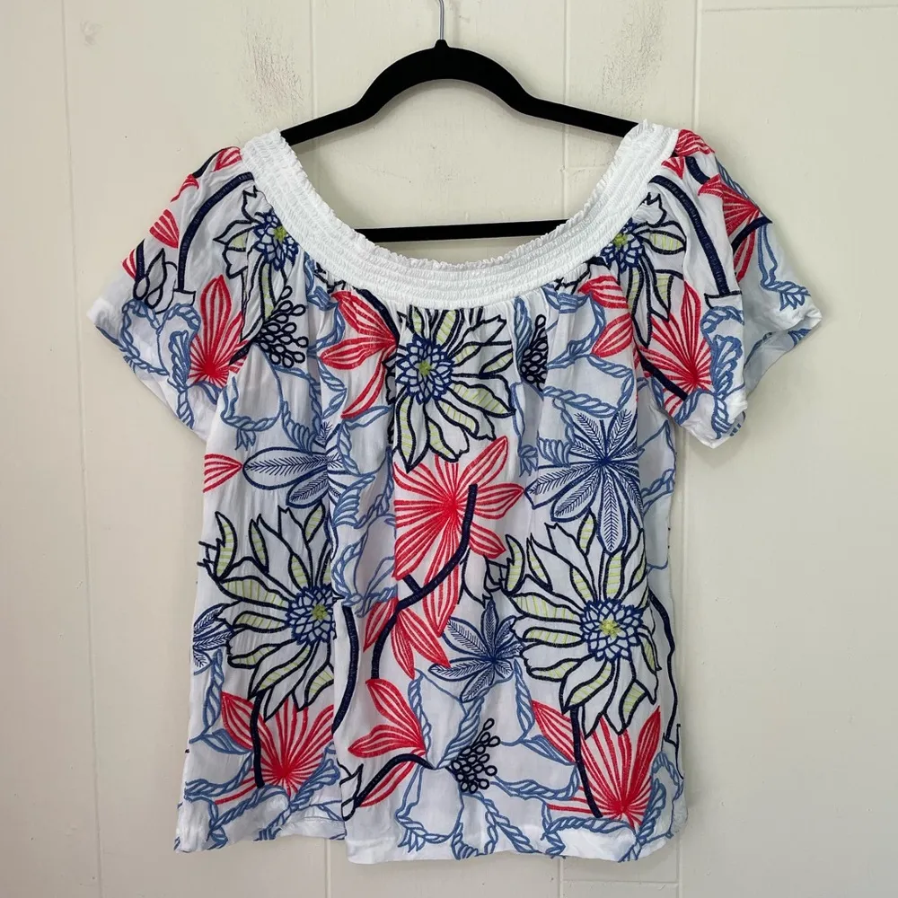 Skies Are Blue Short Sleeve Embroidered Floral Blouse Off Shoulder ~ Size S - Image 2