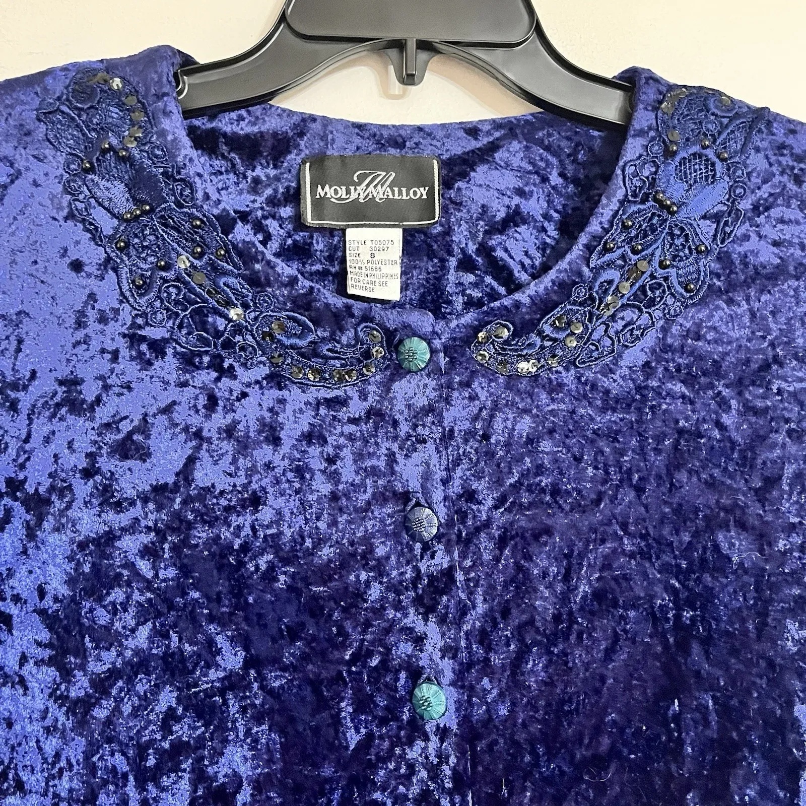 90s Vintage Molly Malloy Dress Women's Size 8 Midi Length Blue Crushed Velvet - Image 2