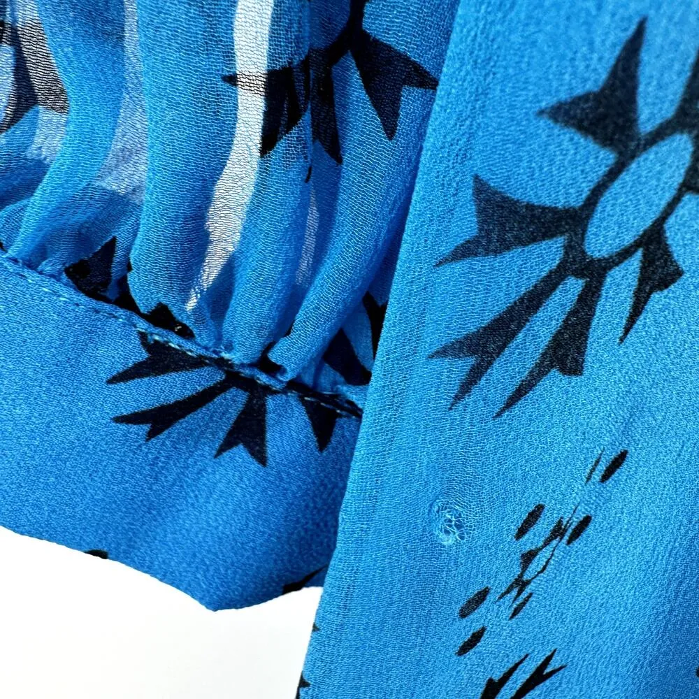 Anna Sui Printed Shift Dress Tie Front Mock Neck Chiffon Flowy Cocktail Blue 6 - Image 6