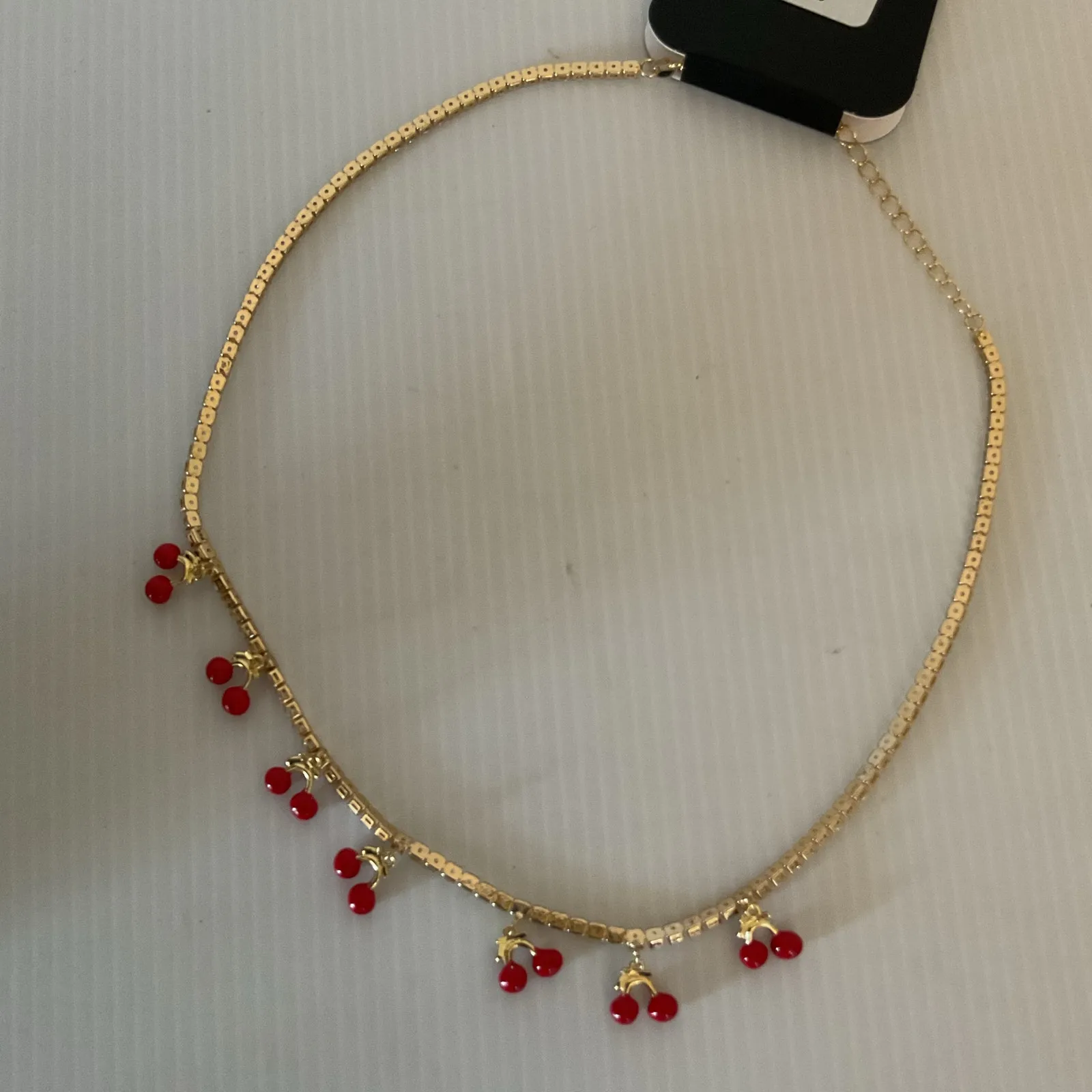 Rhinestone Tennis Necklace with Cherry Charms Gold Tone Statement Jewelry NWT - Image 6