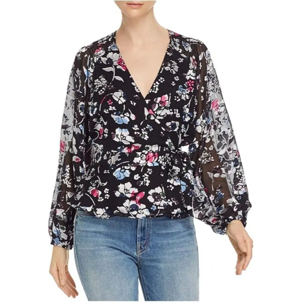 Parker Britta Long Sleeve Wrap Front Tie Blouse in Black Large New Womens Floral - Image 12