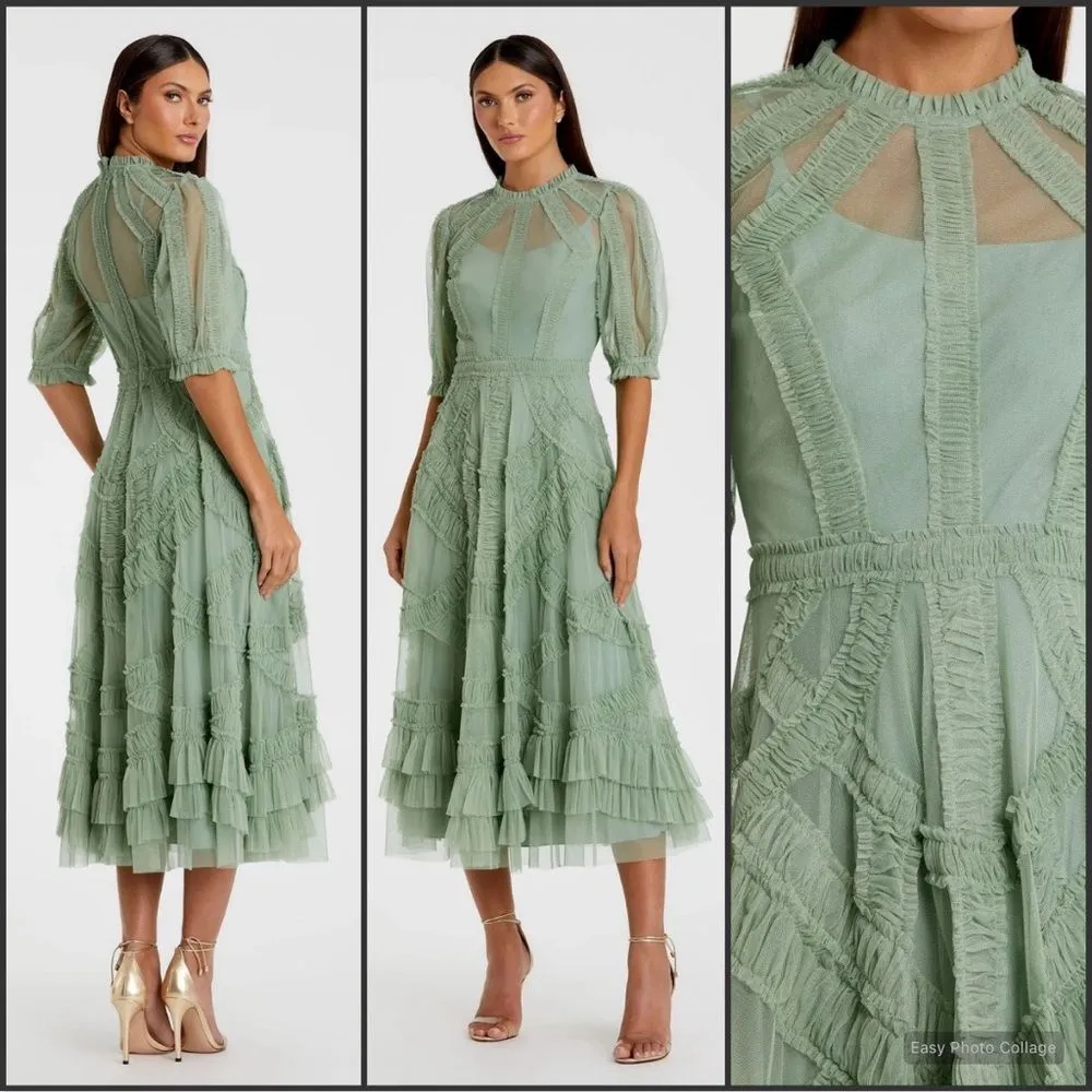 MAC DUGGAL 8058 Green High Neck Micro Ruffle Tiered Midi Dress - Image 3