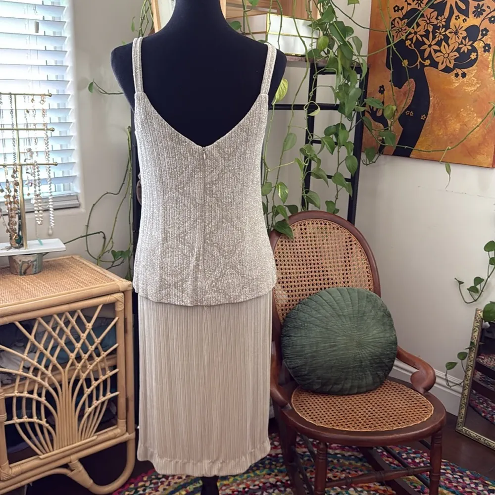 Vintage 80s/90s Alex Evenings Beige Paisley Glitter Drop Waist Evening Dress - Image 2