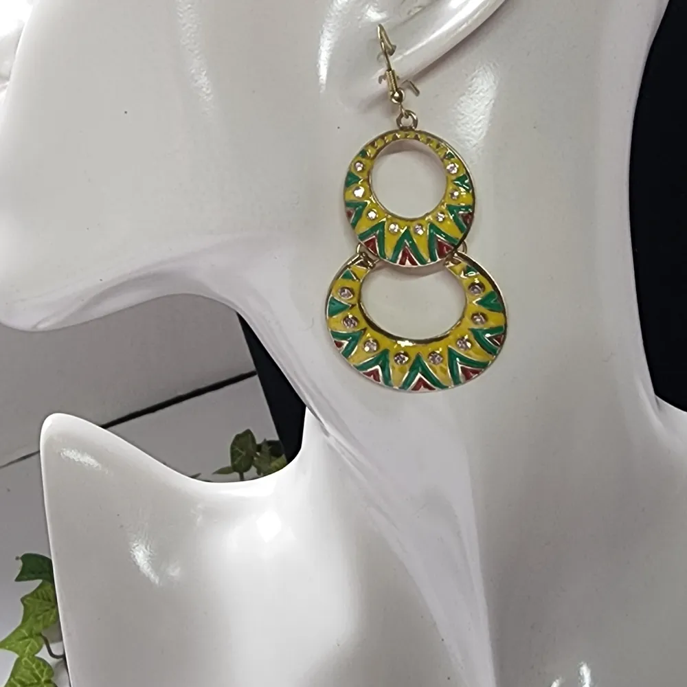 Boho Yellow Green Double Hoop Drop Earrings - Image 3