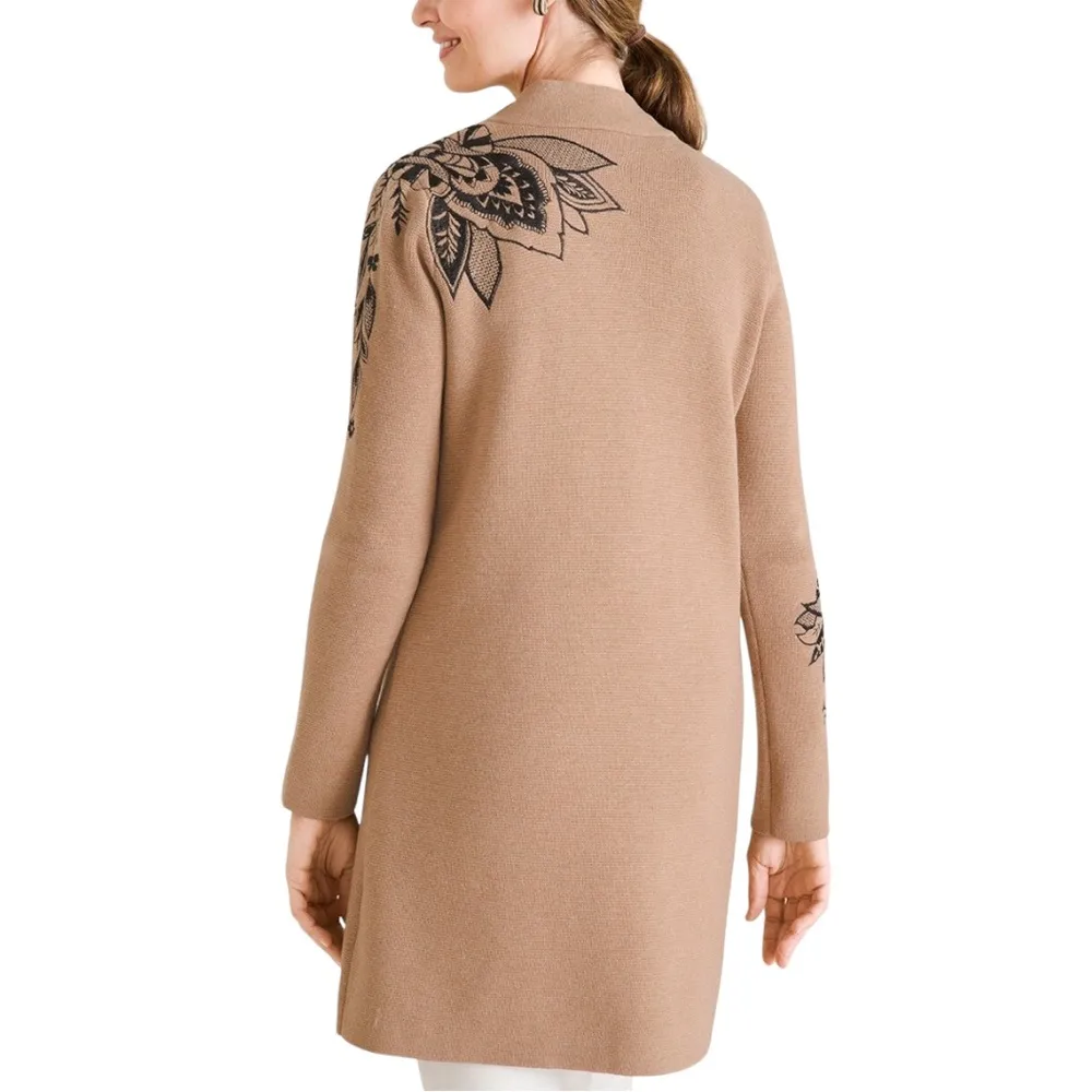 Chico's Floral Embroidered Sweater Long Duster Cardigan Jacket Tan Size Large - Image 10
