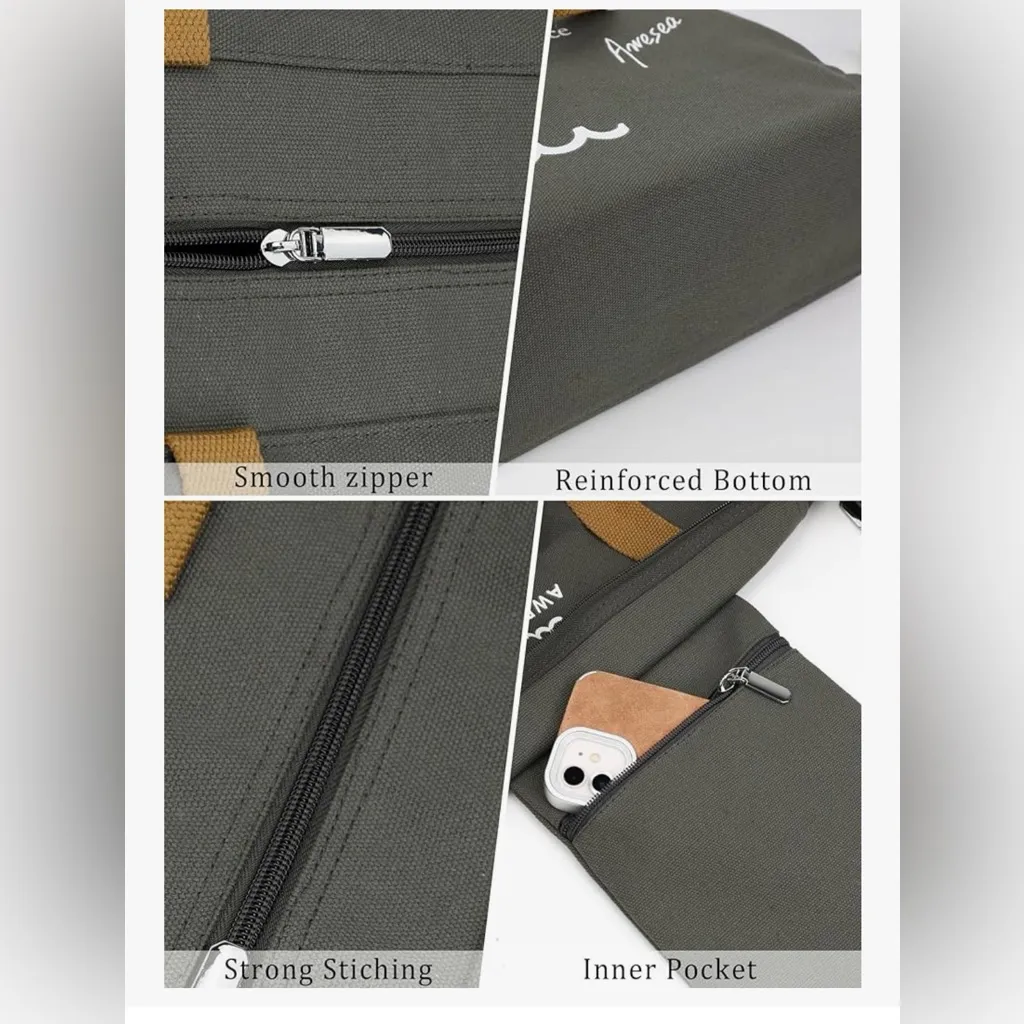 NEW Large Canvas Tote Bag Durable interior Pocket Zipper Travel Daily Use 13x19” Gray - Image 6